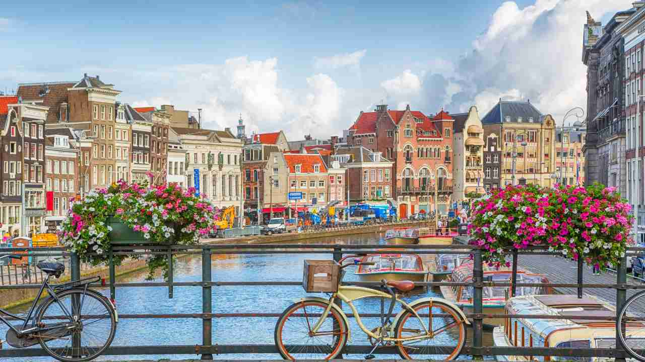 Bicycles are parked on the side of a canal in front of buildings