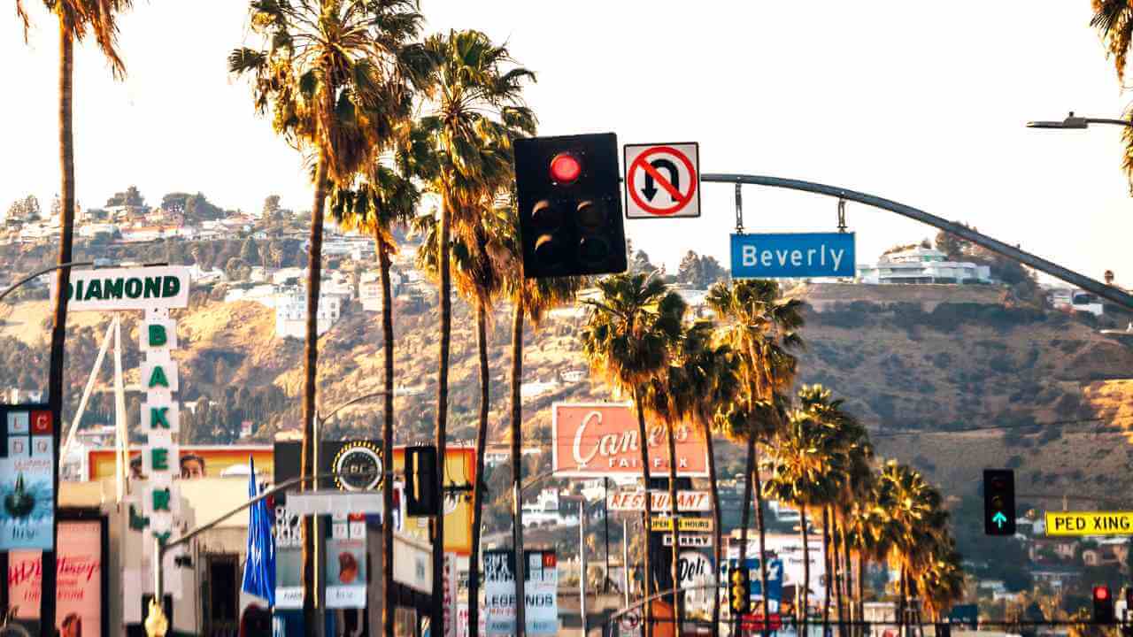 a city street with palm trees and traffic lights