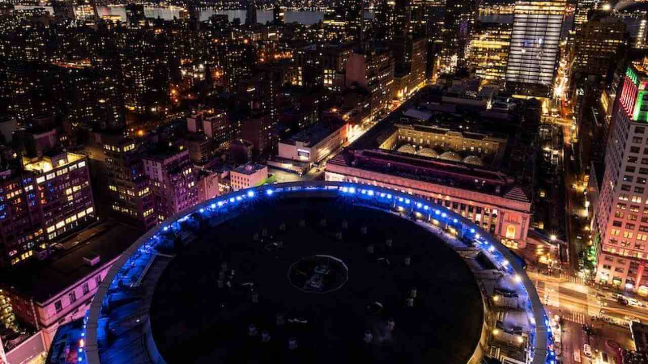 an aerial view of new york city at night