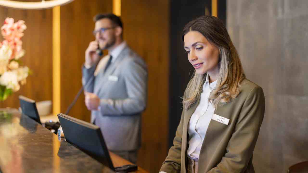 at the front desk of a hotel