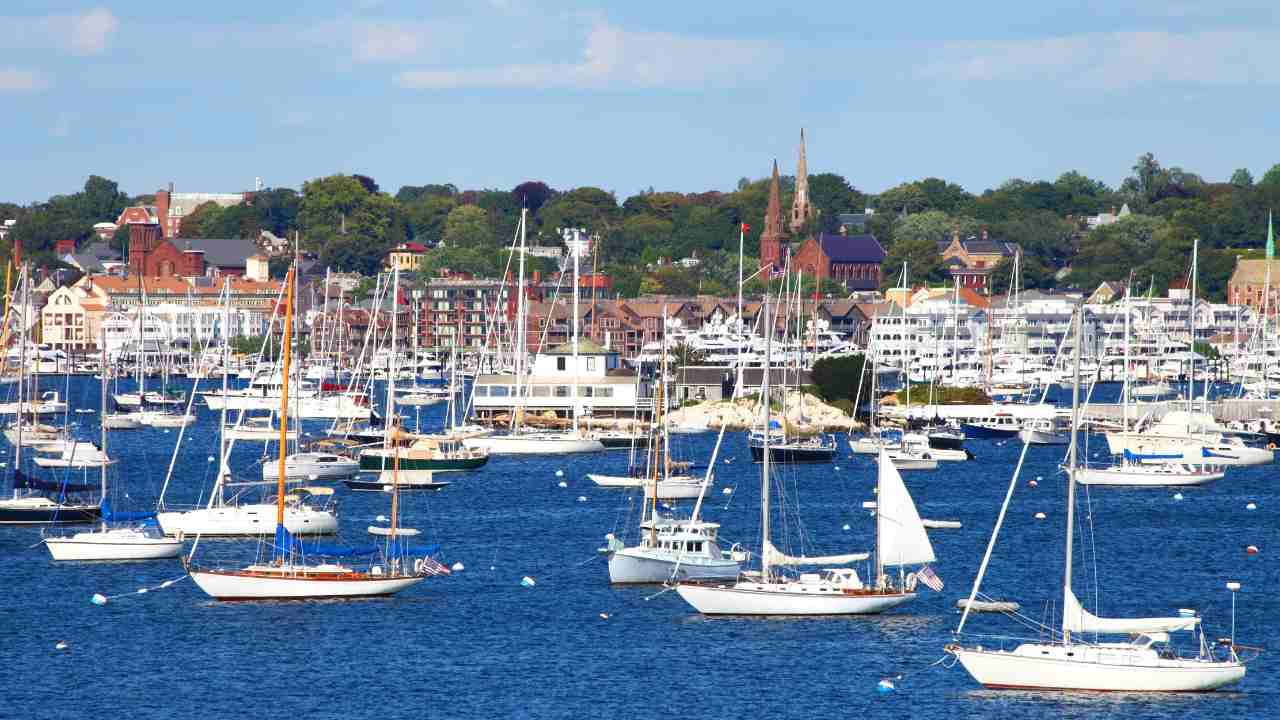 many boats are docked in a harbor with a town in the background