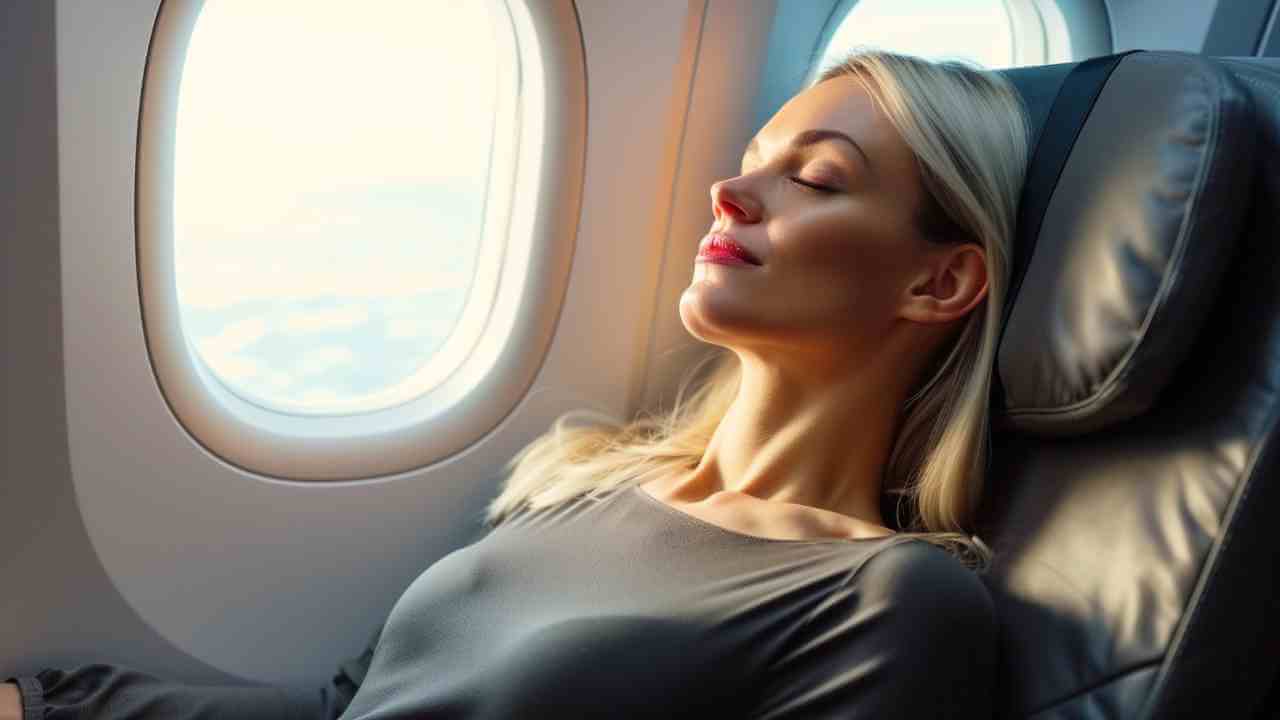 A person is sleeping on an airplane seat