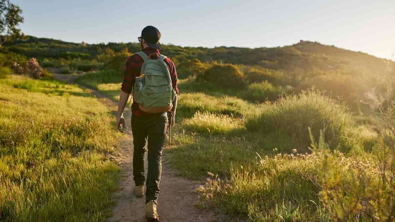 a person with a backpack is walking on a trail