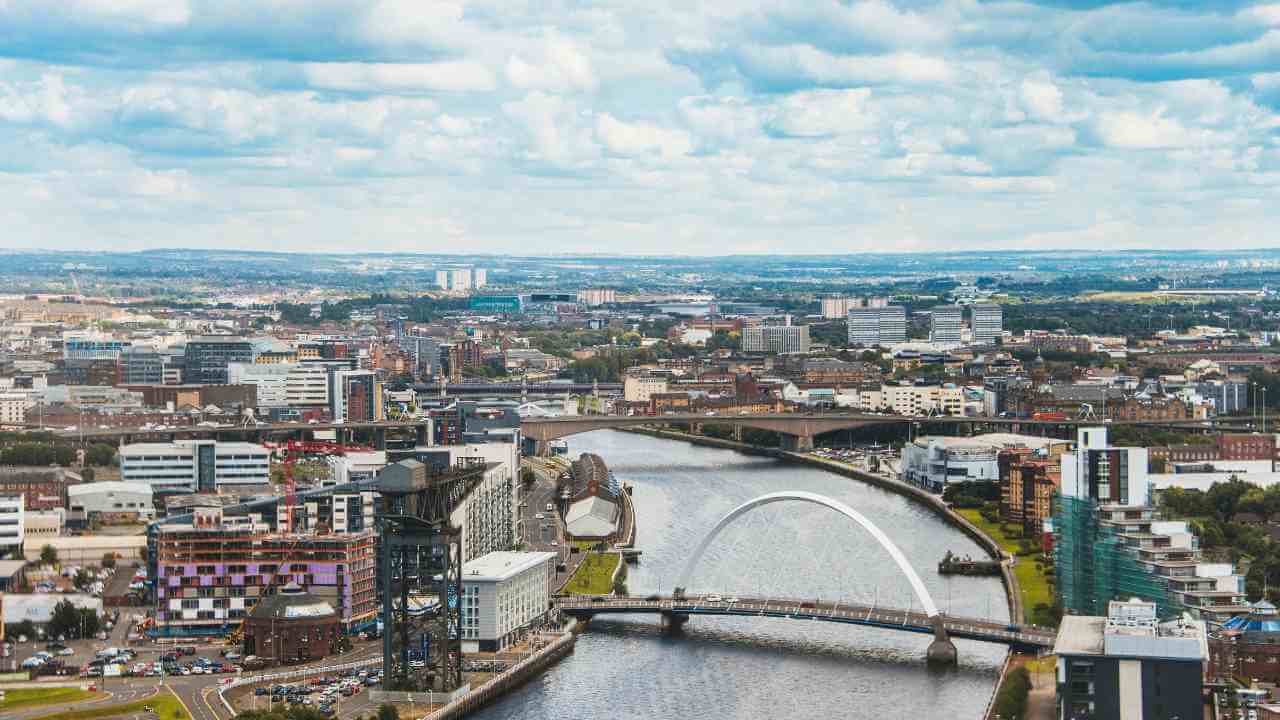 an aerial view of the clyde river in glasgow, scotland