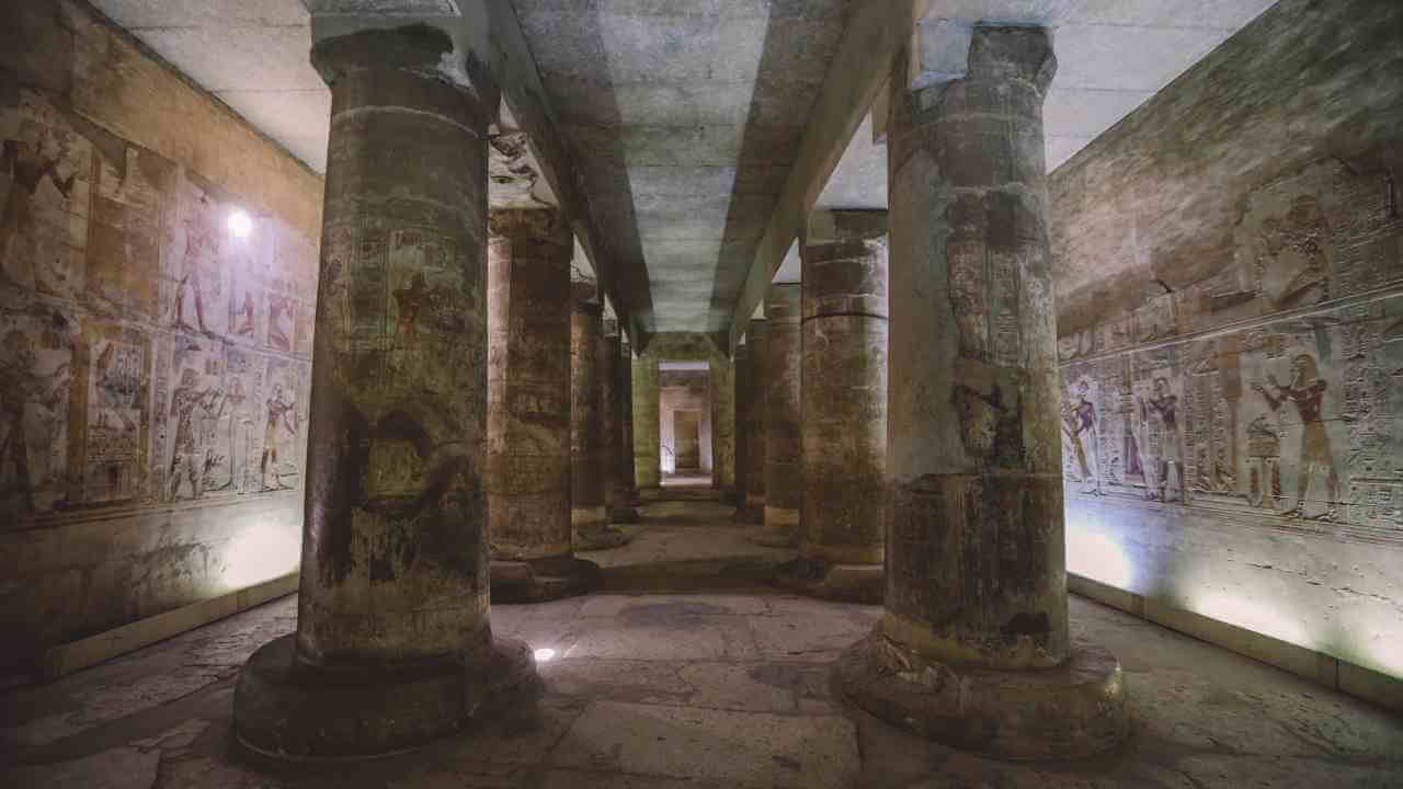 the interior of an ancient egyptian building with columns