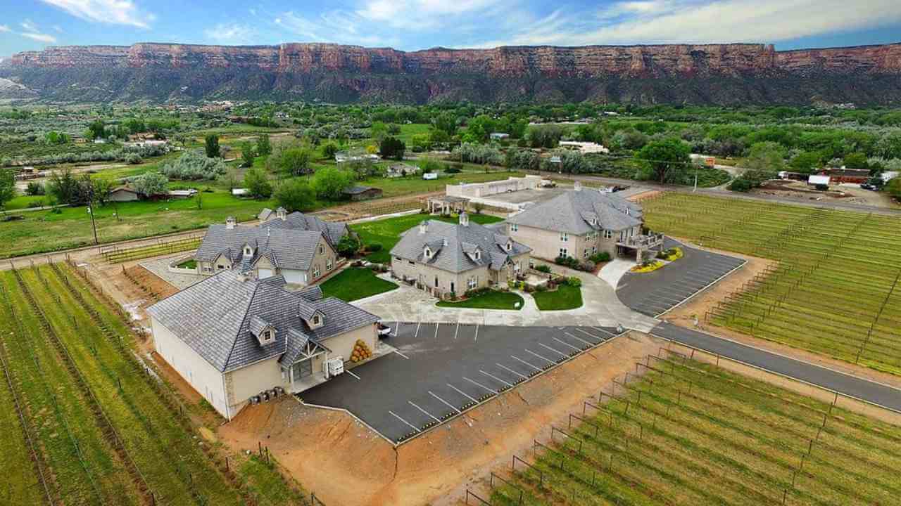 an aerial view of a large house in the middle of a field