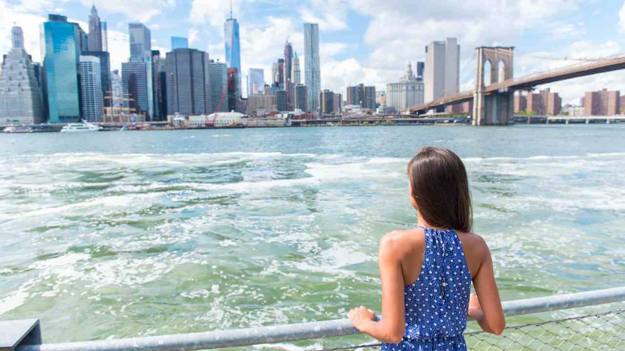 a person in a polka dot dress looks out over the new york city skyline