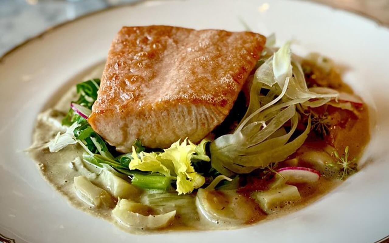 Pan-roasted salmon, fennel, celery, & arugula salad, glazed fennel, lobster velouté at Pasjoli