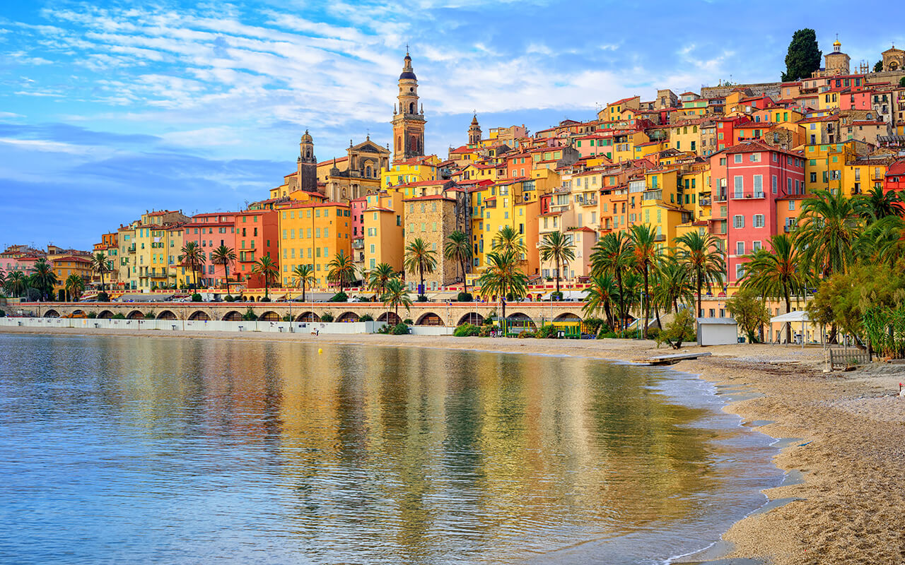 Colorful medieval town Menton on Riviera, Mediterranean sea, France