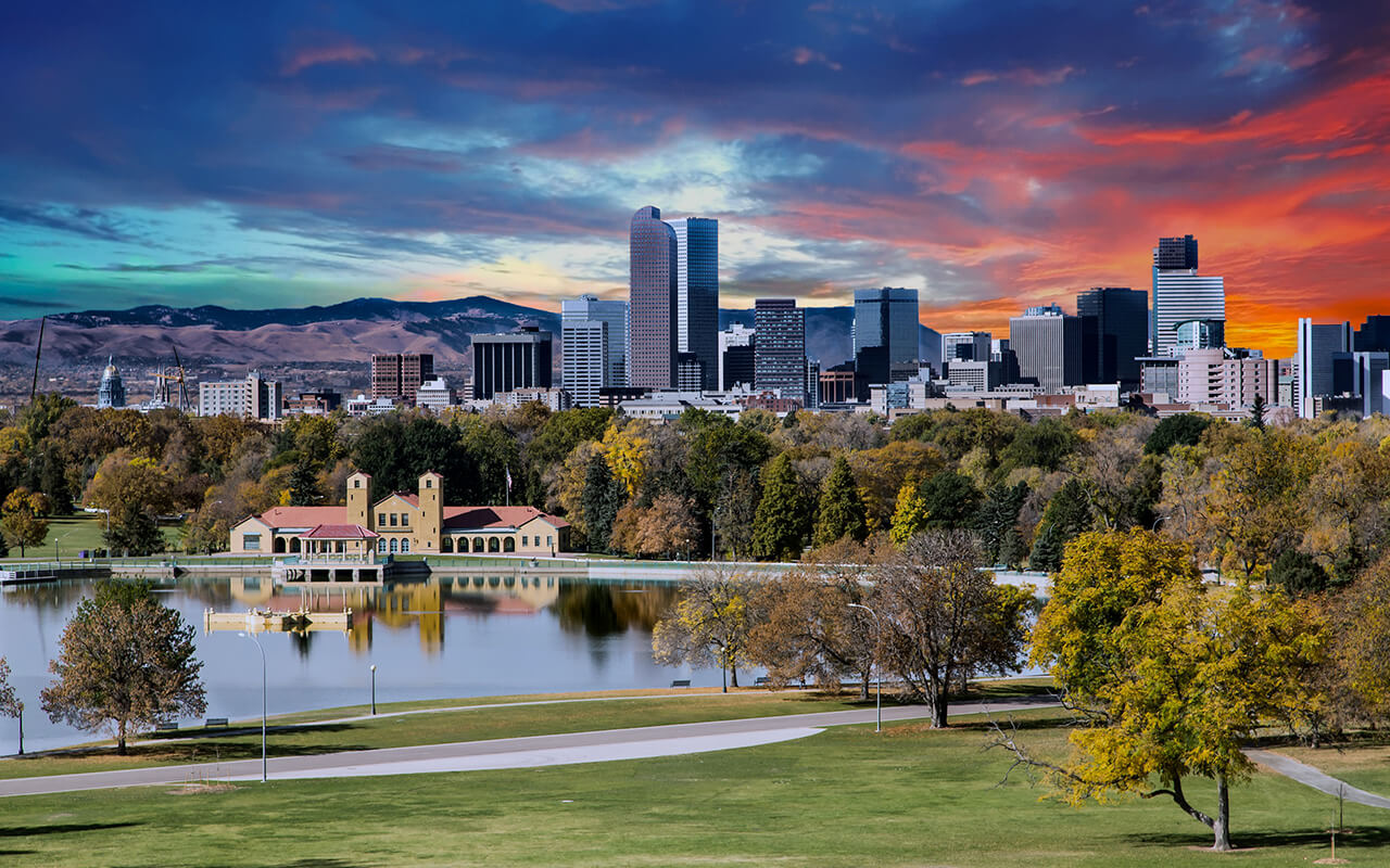 Denver Skyline and Mountains Beyond Lake