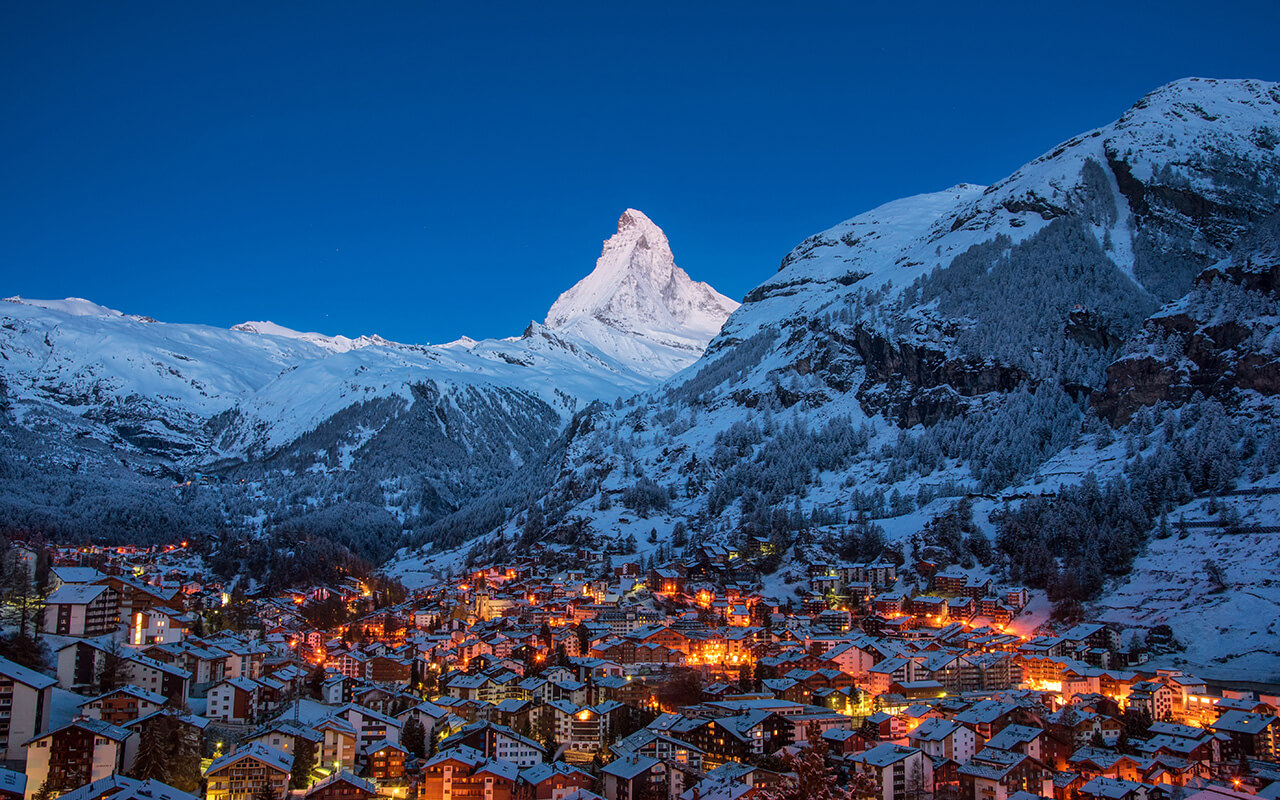 Early Morning landscape View on Zermatt city village Valley and Matterhorn Peak in the Morning, Switzerland