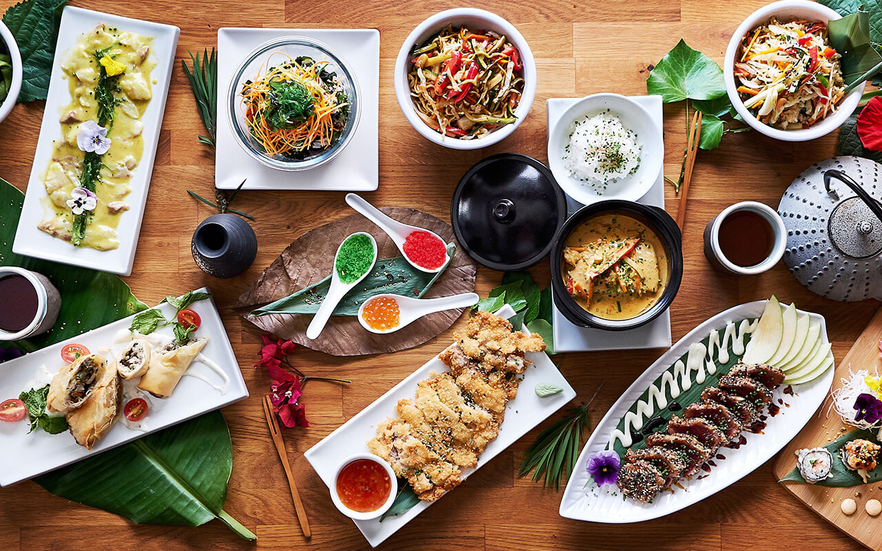 Top angle shot of traditional Japanese food dishes