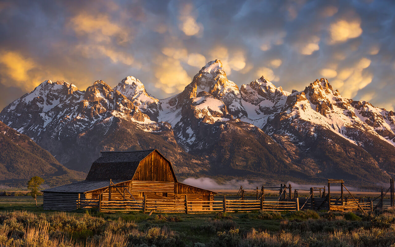 Morning light over John Moulton Barn at the Grand Tetons National Park