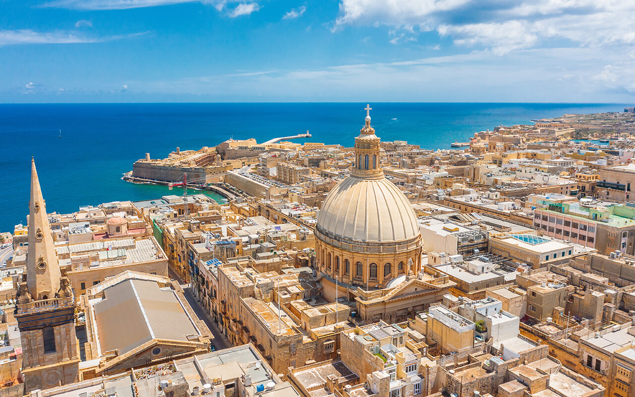 Aerial view of Lady of Mount Carmel church, St.Paul's Cathedral in Valletta city, Malta.