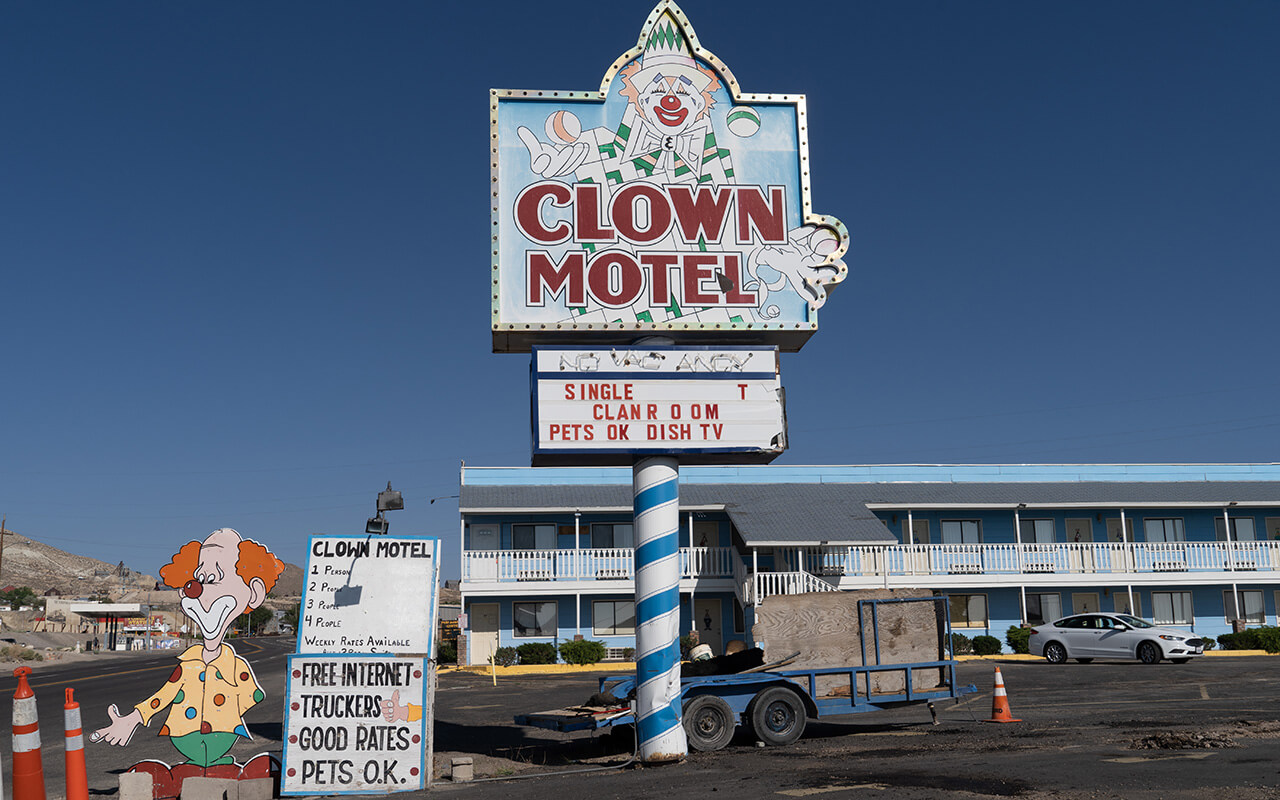 Clown Motel sign in Tonopah Nevada, is a kitschy roadside attraction and is said to be haunted. Taken July 4, 2018