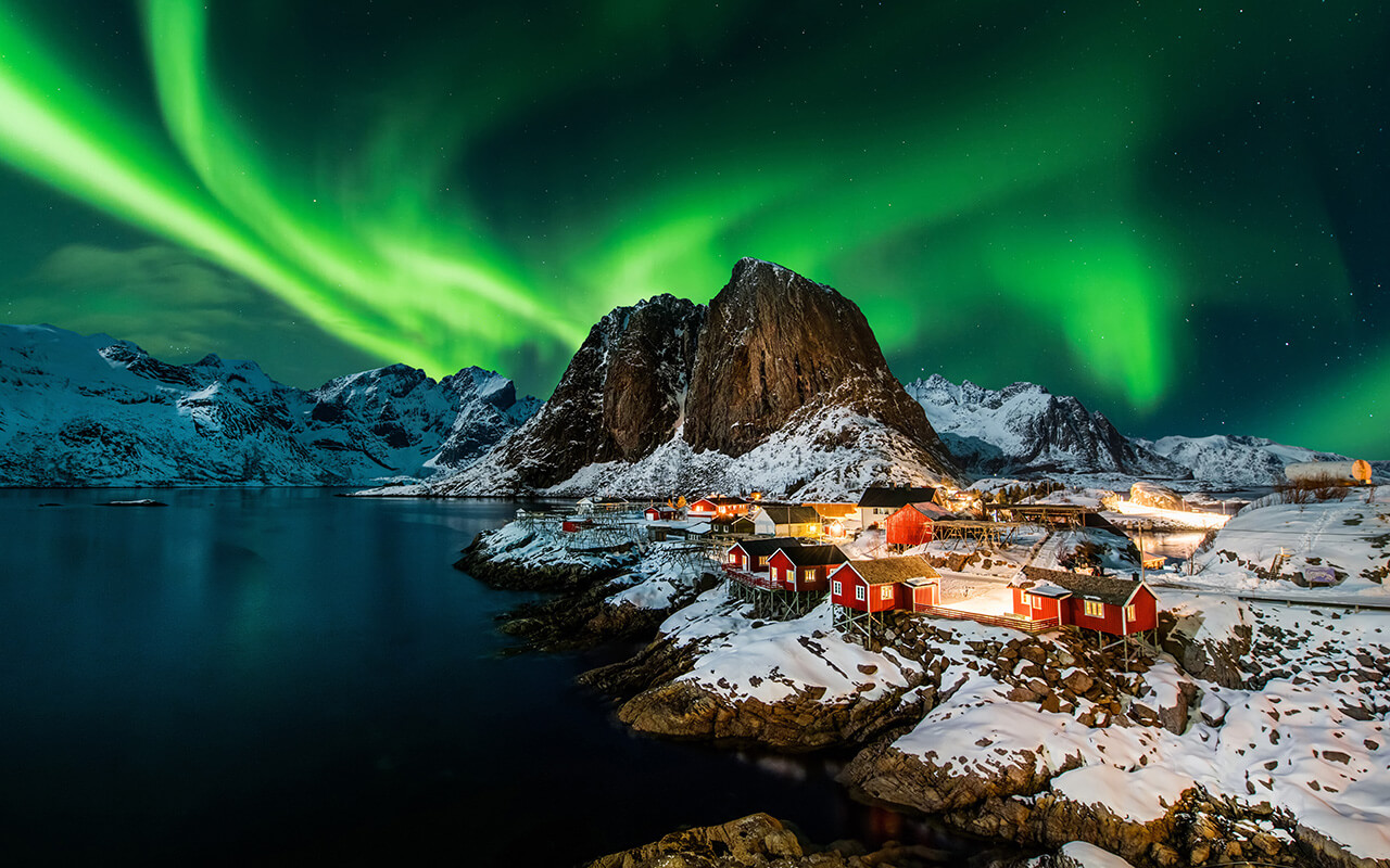 Aurora borealis over Hamnoy in Norway