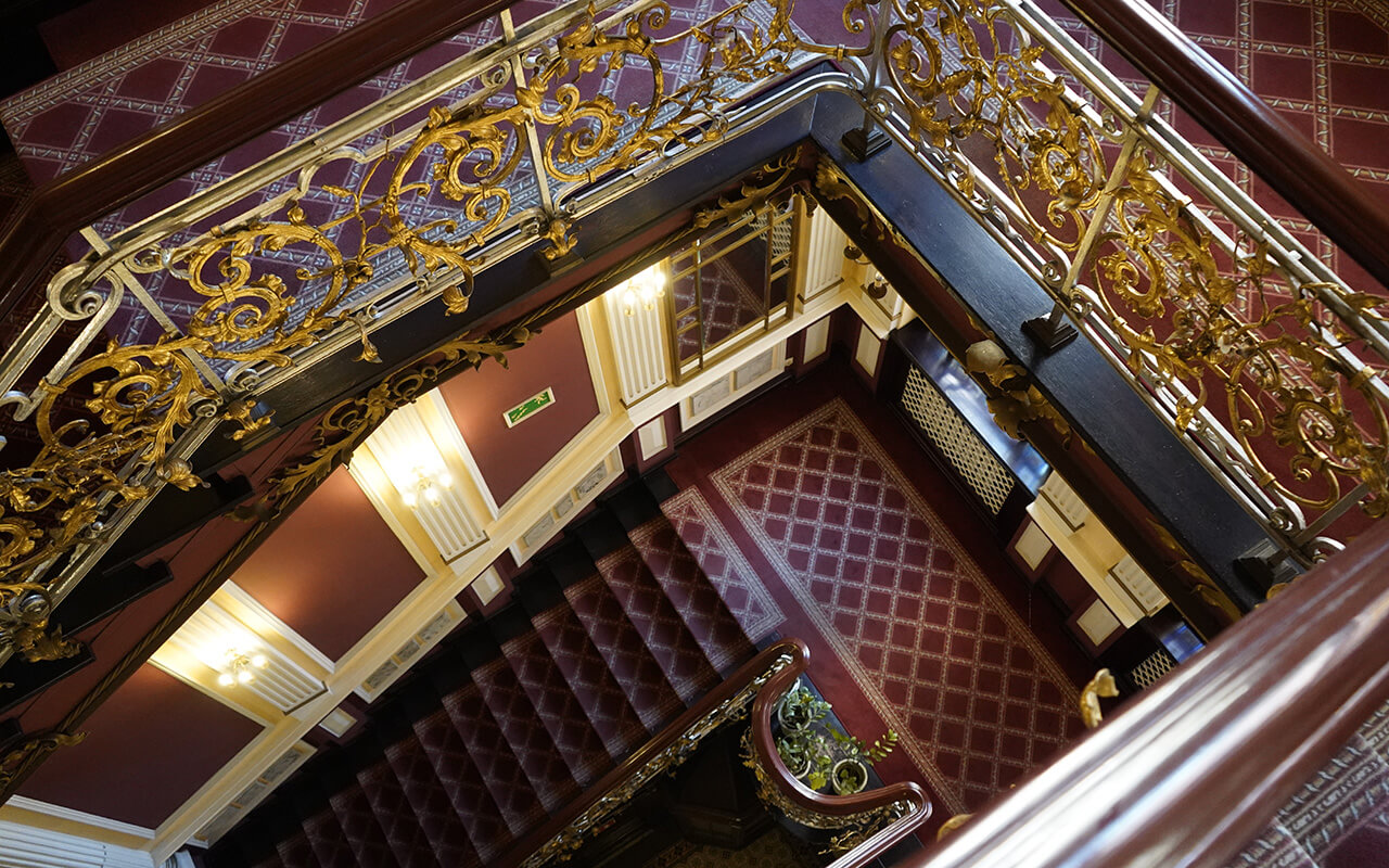 Bydgoszcz, Poland - September 2019: Interior of the lobby of an ancient hotel. 