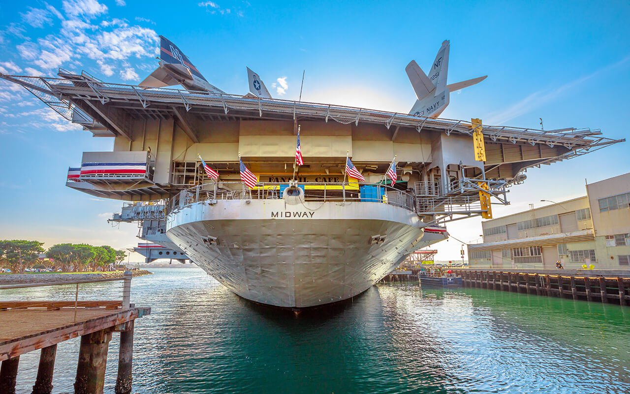 San Diego, Navy Pier, California, USA - JULY 31, 2018: Midway Battleship Memorial in San Diego California, Navy Pier of United States