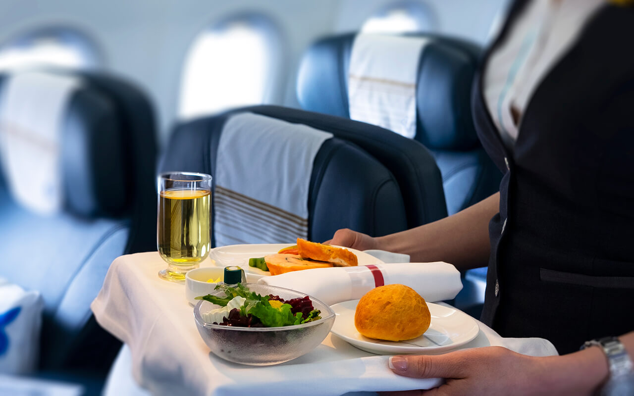 Dinner service on an airplane 