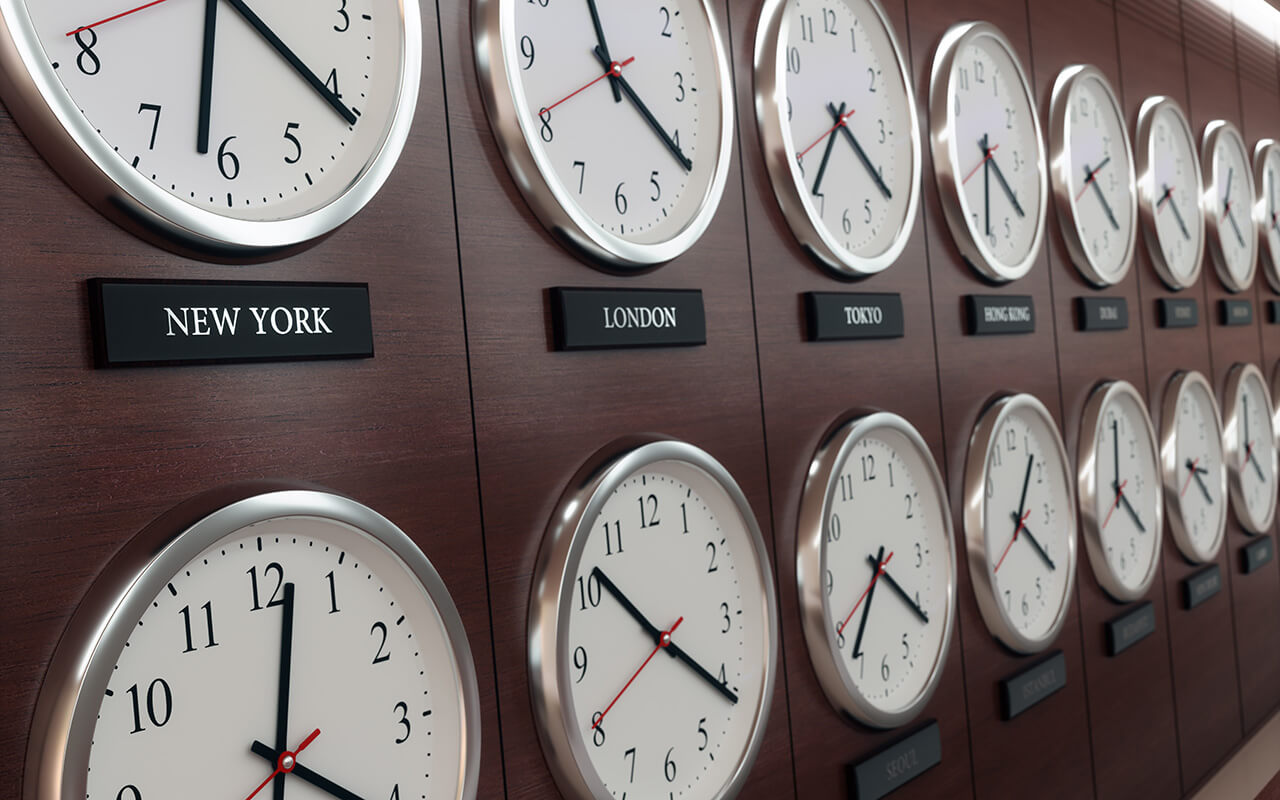 World wide time zone clock. Clocks on the wall, showing the time around the world.