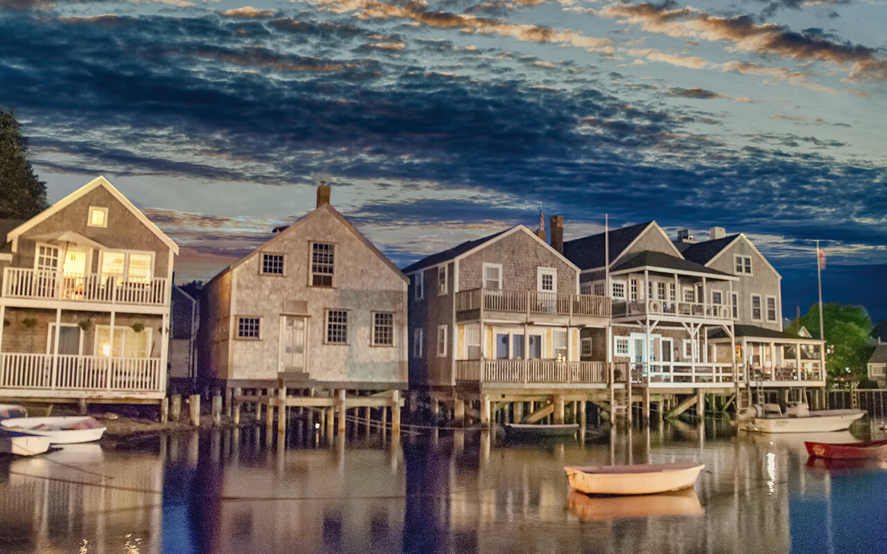 Sunset over beautiful homes of Nantucket, Massachusetts