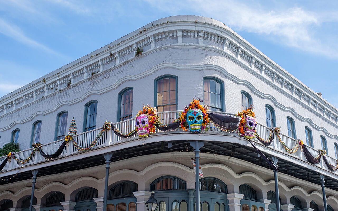 Day of the Dead decorations on historic building in the French Quarter on October 16, 2021 in New Orleans, Louisiana, USA