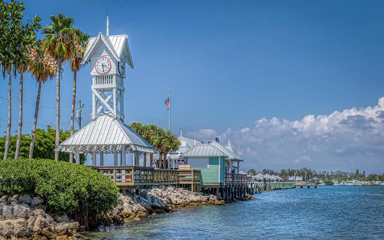 Bradenton beach city pier on Anna Maria Island in Florida on the water with boats