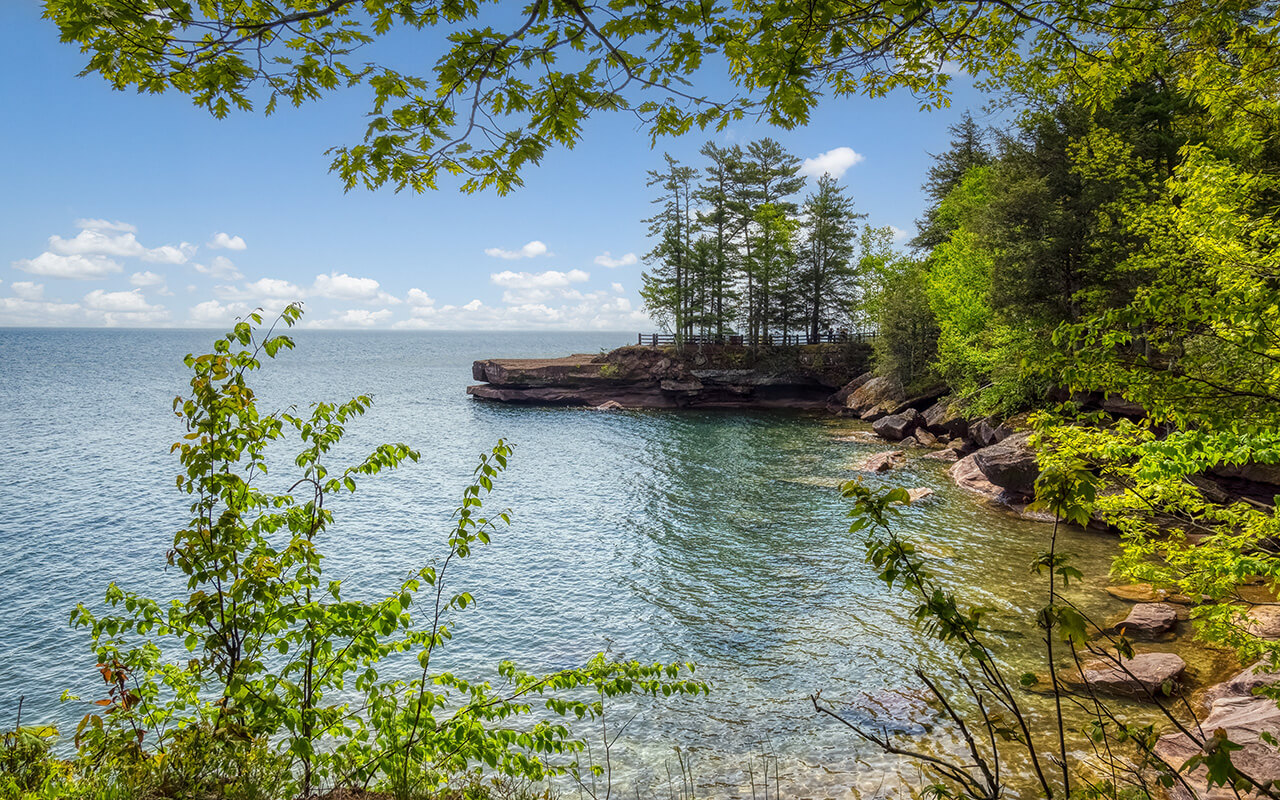 Rocky coastline of Lake Superior in Big Bay State Park in La Pointe on Madeline Island in the Apostle Islands National Lakeshore in Wisconsin USA