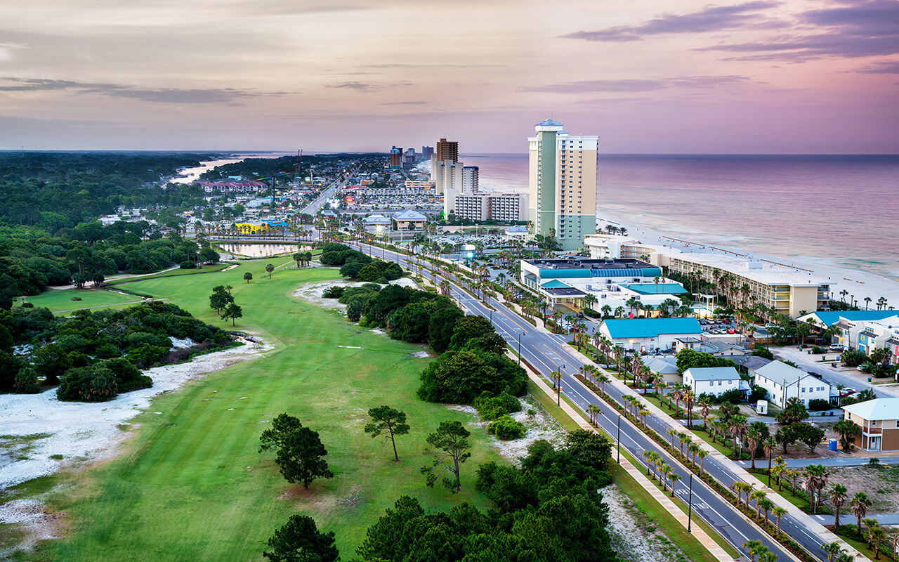 Panama City Beach, Florida, view of Front Beach Road at sunrise