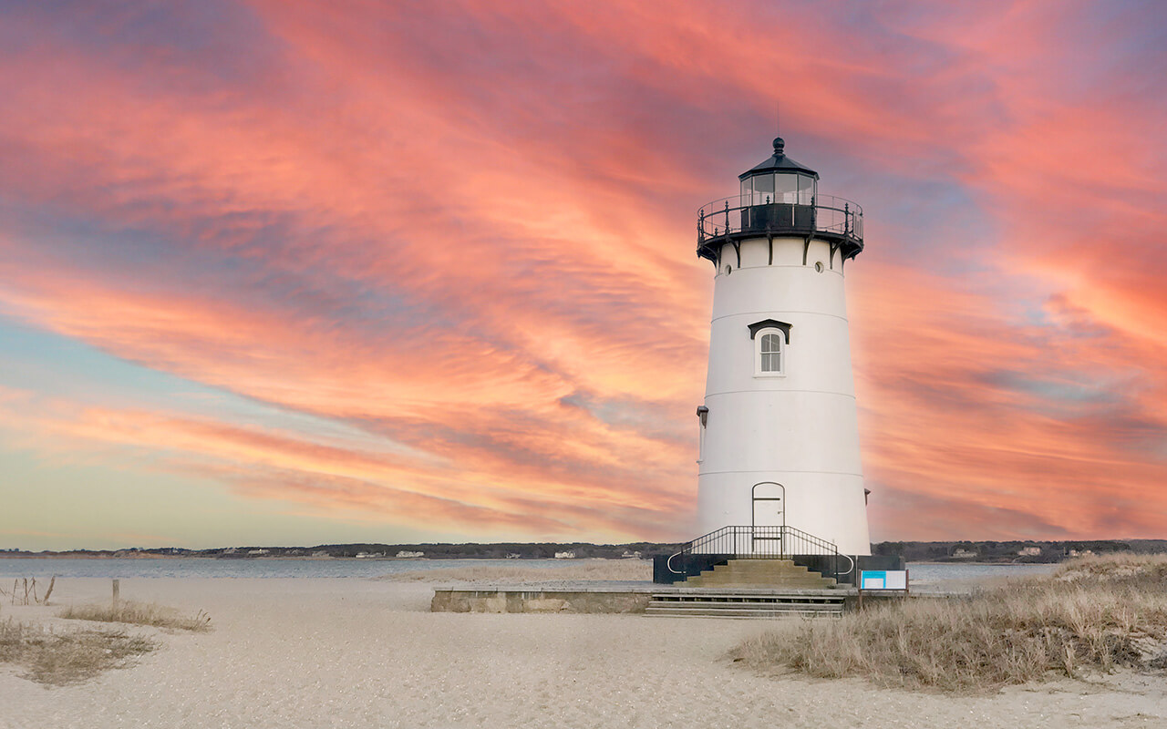 Edgartown Lighthouse at Martha's Vineyard, New England at Sunset