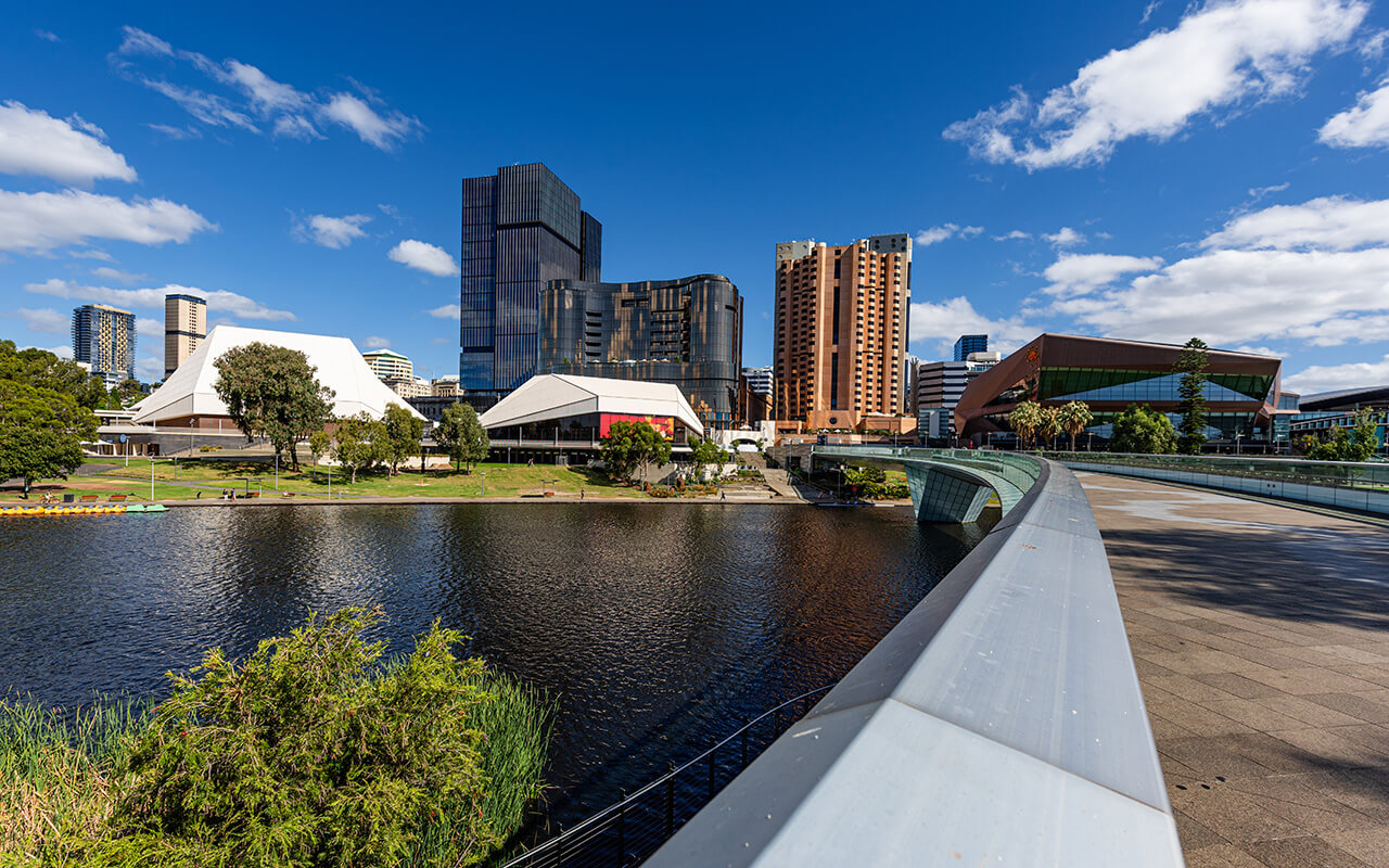 Adelaide city on the banks of the River Torrens.