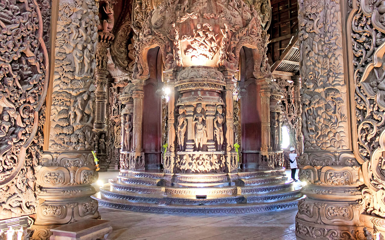 Temple with intricate wood carvings, Sanctuary Of Truth, Pattaya, Thailand
