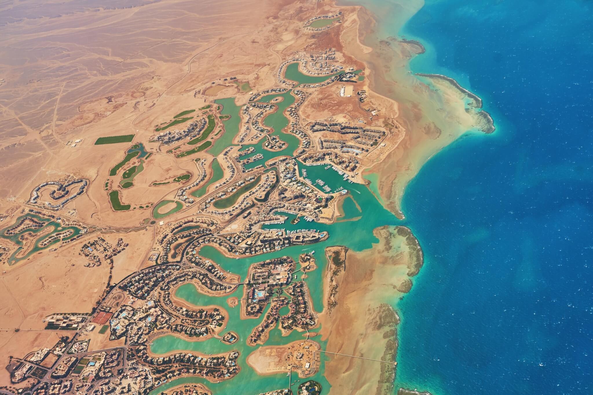 Aerial view of El Gouna a luxury Egyptian tourist resort located on the Red Sea 20 kilometers north of Hurghada.
