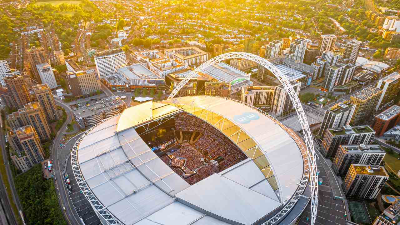 an aerial view of the wembley stadium in london