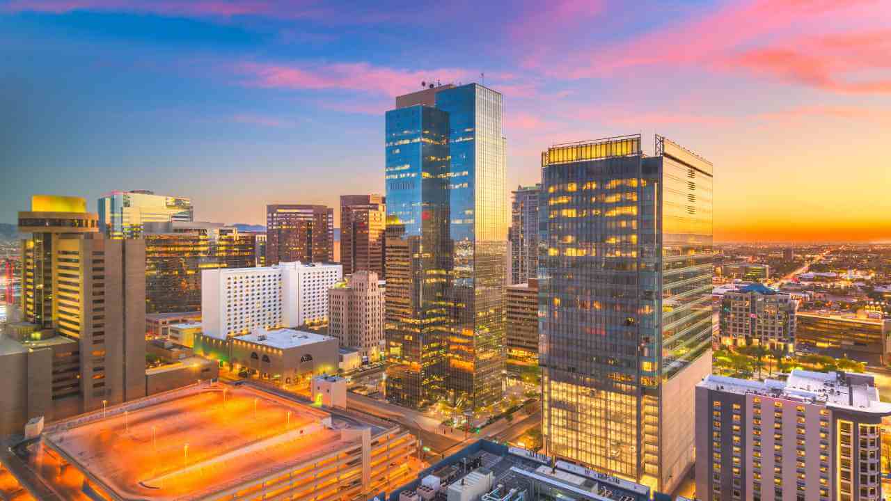 tall buildings in phoenix at sunset