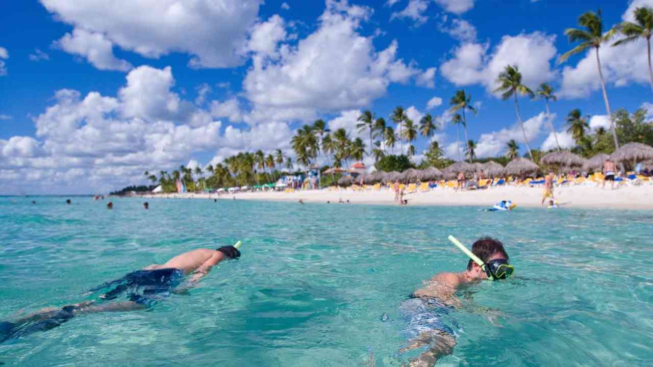 two people snorkeling in the ocean with palm trees in the background