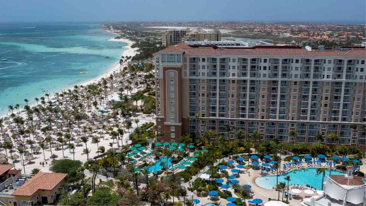 an aerial view of the resort and beach in Aruba