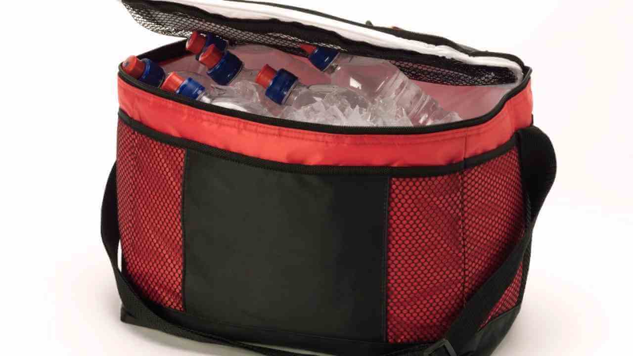 a red and black cooler bag filled with water bottles