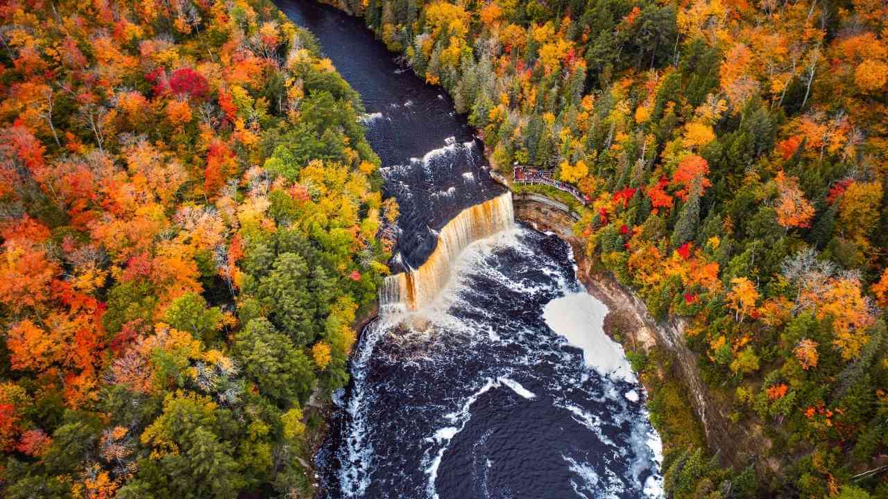 an aerial view of a waterfall surrounded by fall foliage