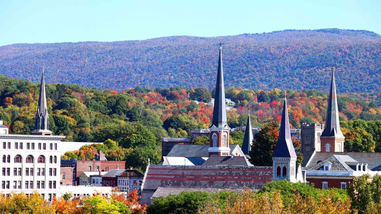 a view of a city with mountains in the background