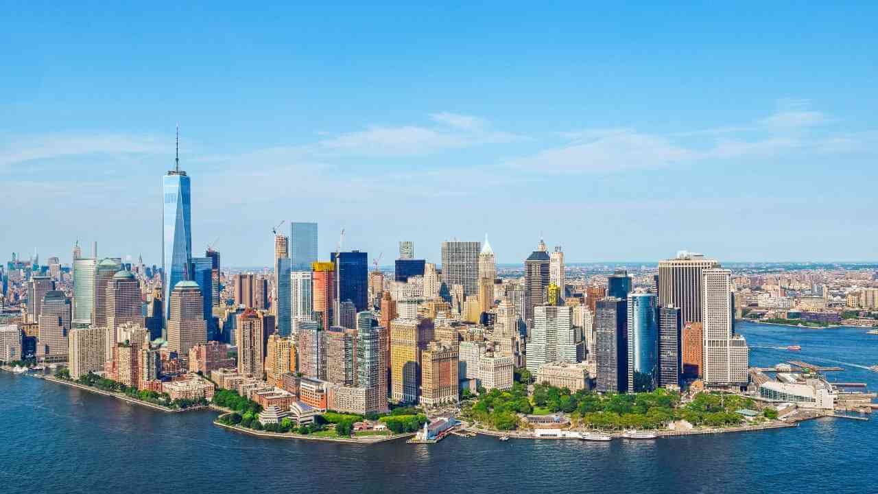 the new york city skyline from the air