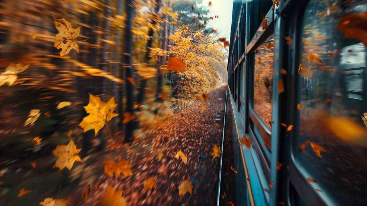 autumn leaves falling from the window of a train