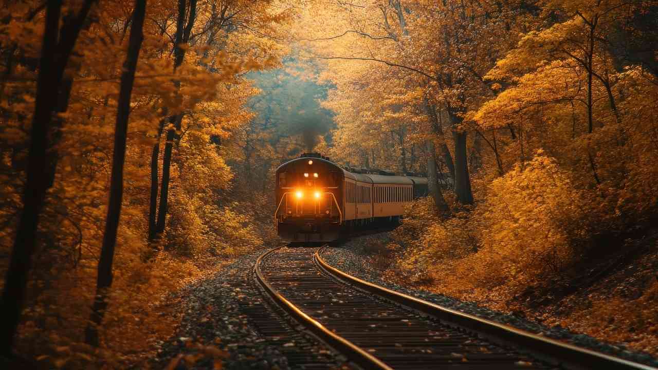 a train traveling through the woods in the fall