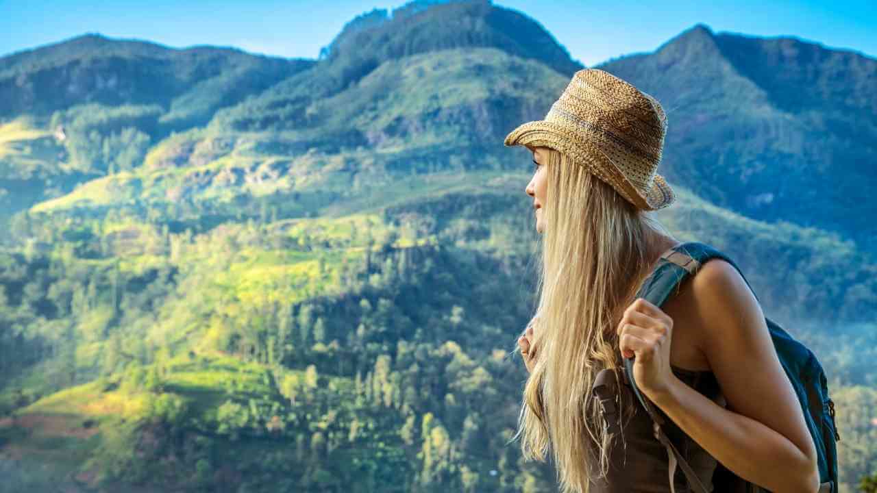 a person with a hat and backpack looking at the mountains