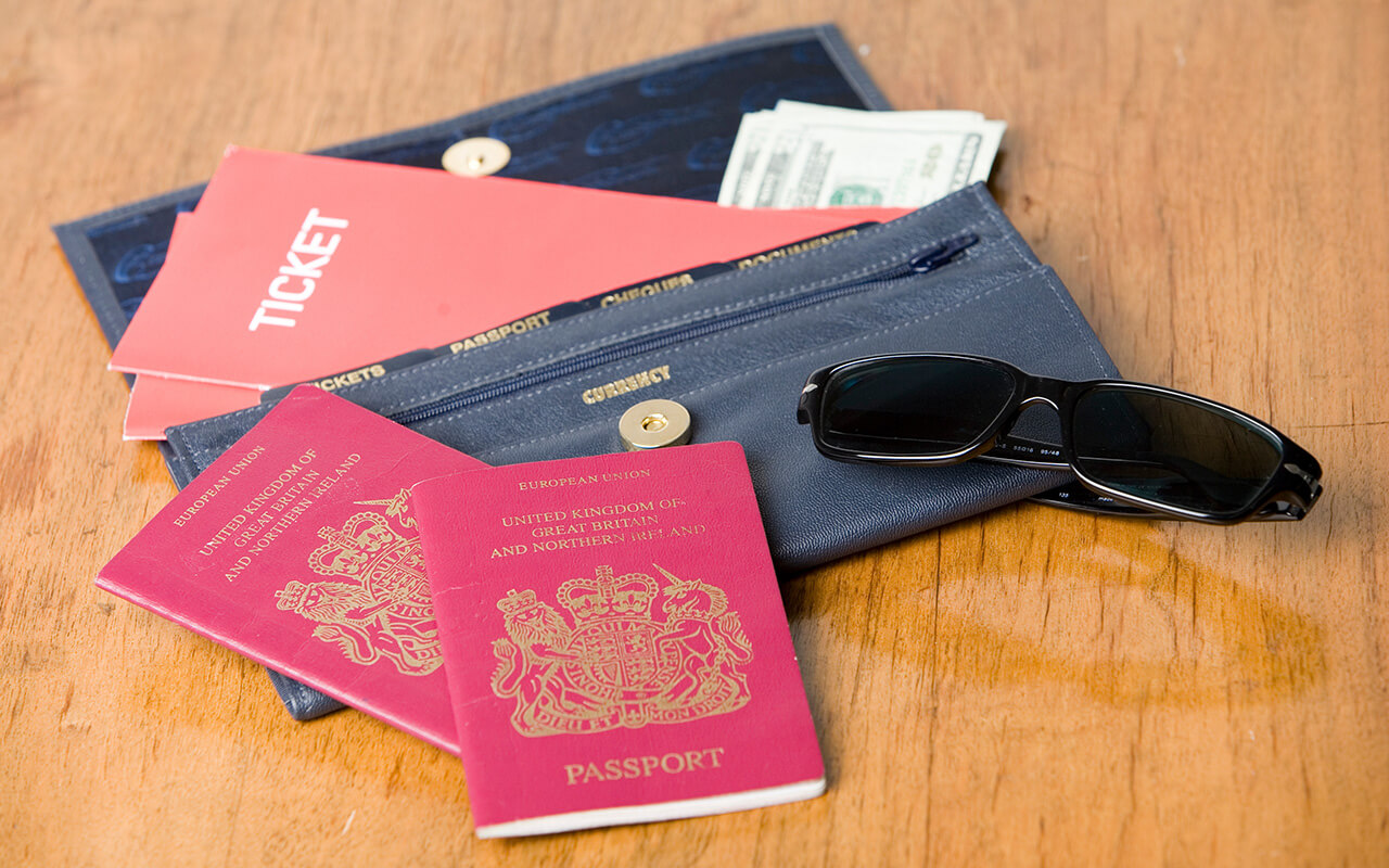 Wallet and passport with sunglasses