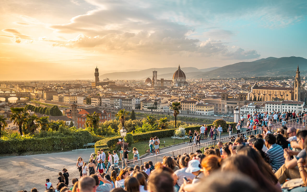 Florence panorama, sunset over Firenze - Piazzale Michelangelo, Italy