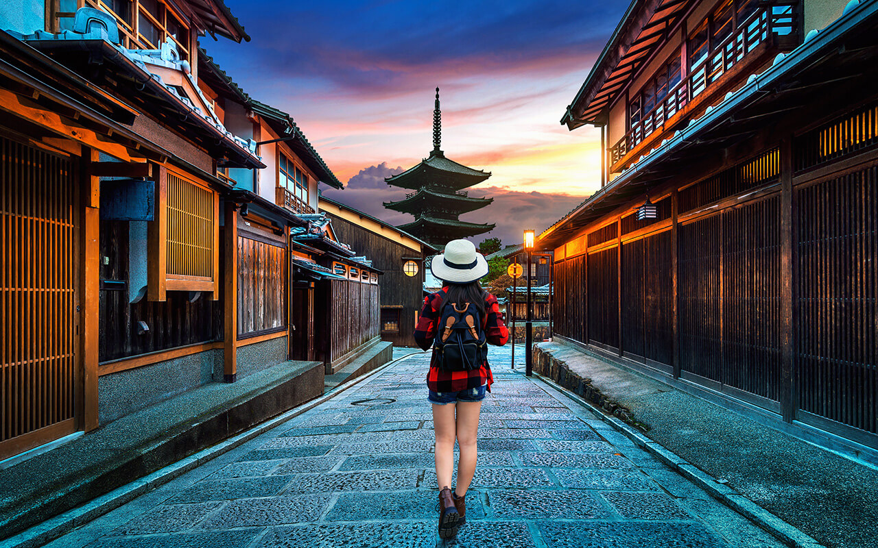 Woman walking down street in Japan