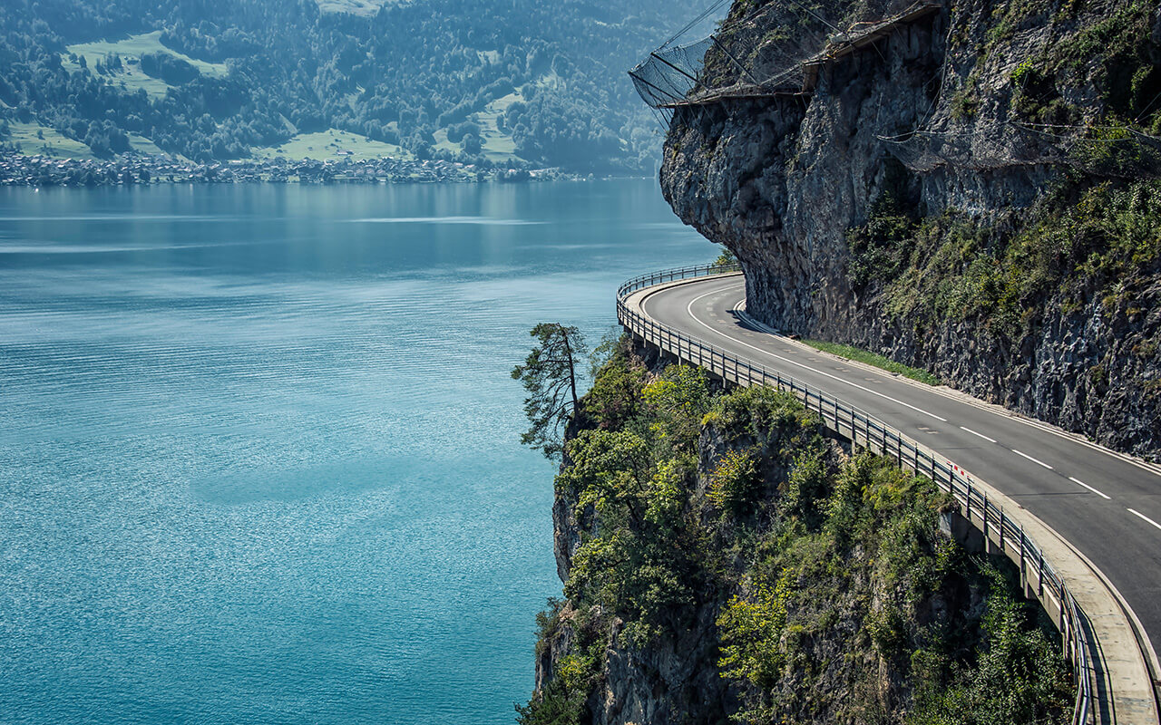 Road built in the cliff in Switzerland