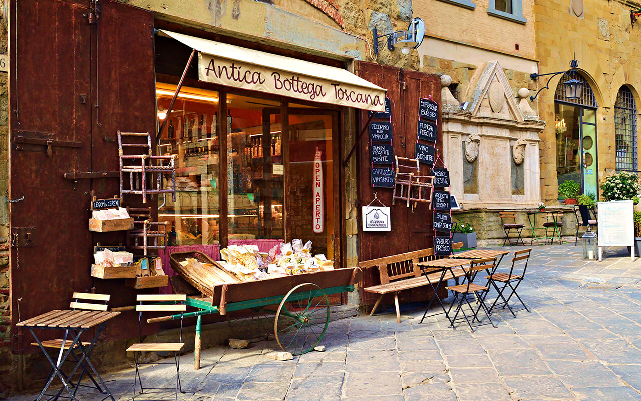 typical Tuscan food shop in the historic center of the city of Arezzo in Italy