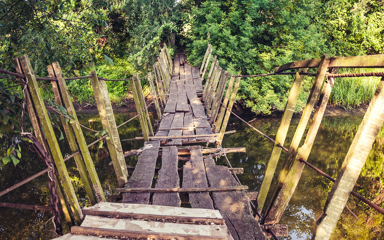 Old destroyed wooden bridge on the river